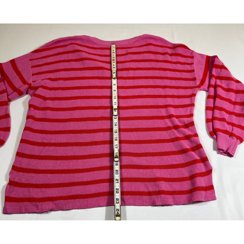 Loft Sweater Womens Medium M Pink Red Striped Cotton Knit V-Neck Pullover Slouch - Picture 7 of 8